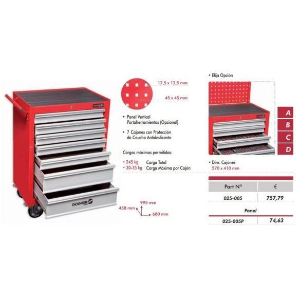 CARRO METÀL.LIC DE 7 CALAIXOS AMB PANELL VERTICAL PORTAEINES