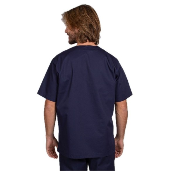 Casaca Sanitaria Unisex Sarga Cuello V azul marino detrás| Uniformes Gary's