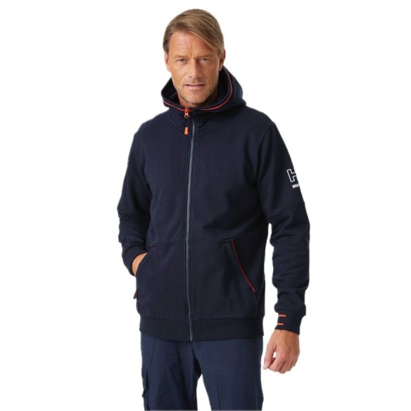Sudadera con capucha y cremallera Kensington Navy puesta| Helly Hansen Workwear